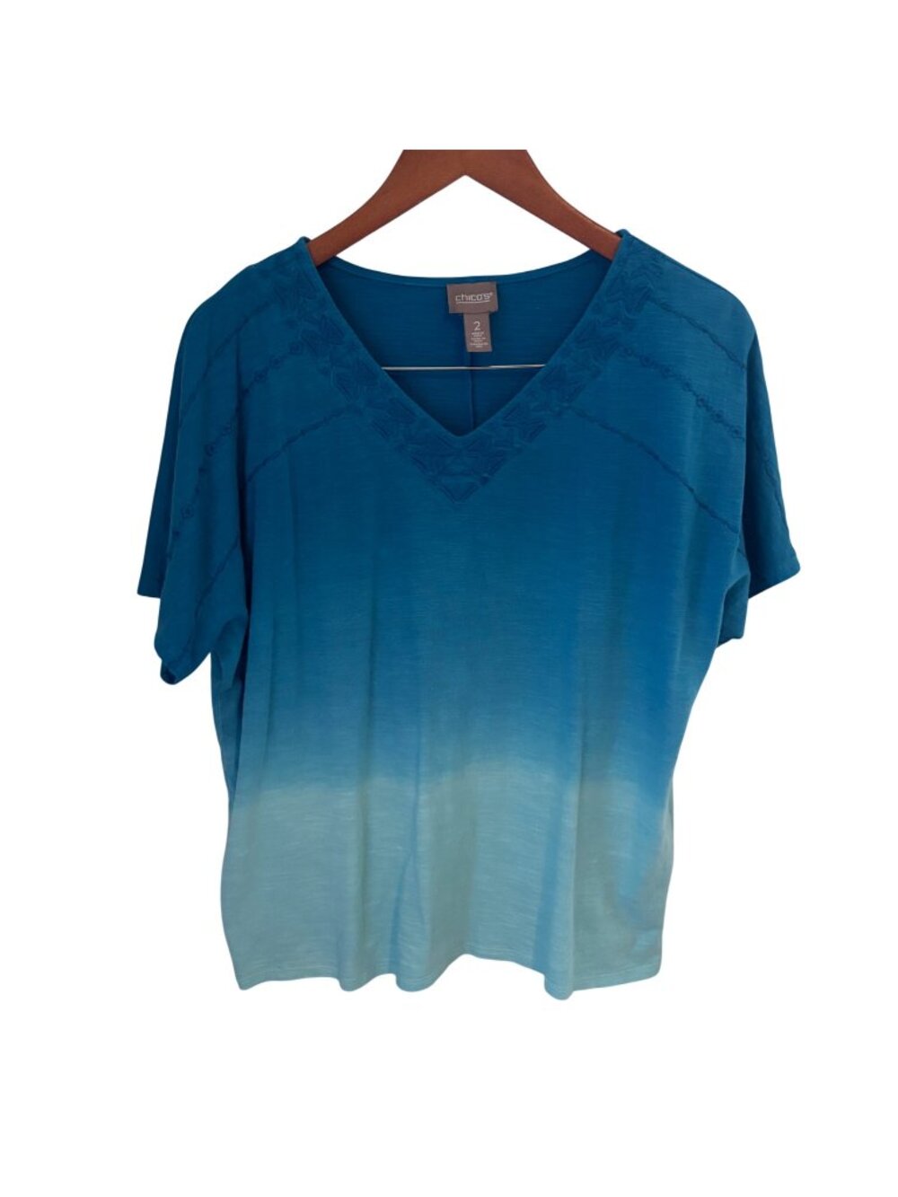 Chico's Women's Blue Ombre V Neck Top Sz 2 Large Short Sleeve Embroidered Cotton